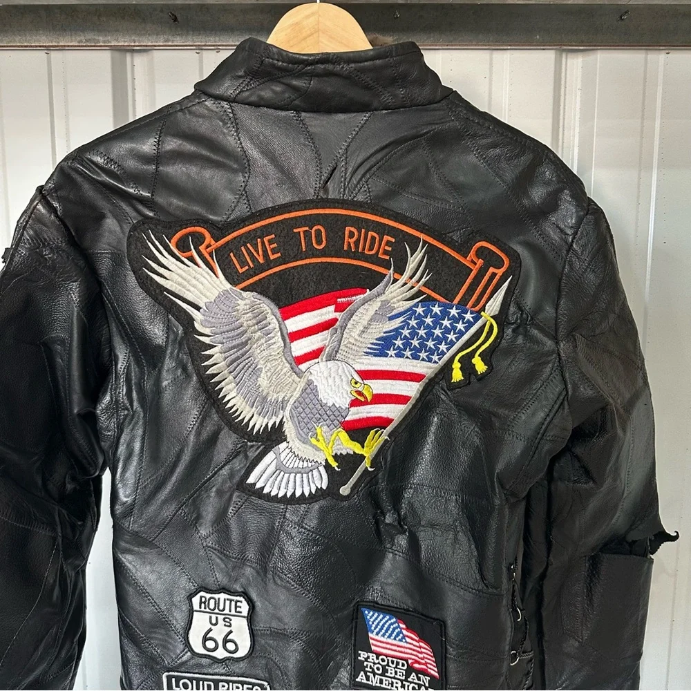 Vintage Mens Diamond Plate Buffalo Motorcycle Black Leather Patch Jacket Medium - Picture 3 of 10
